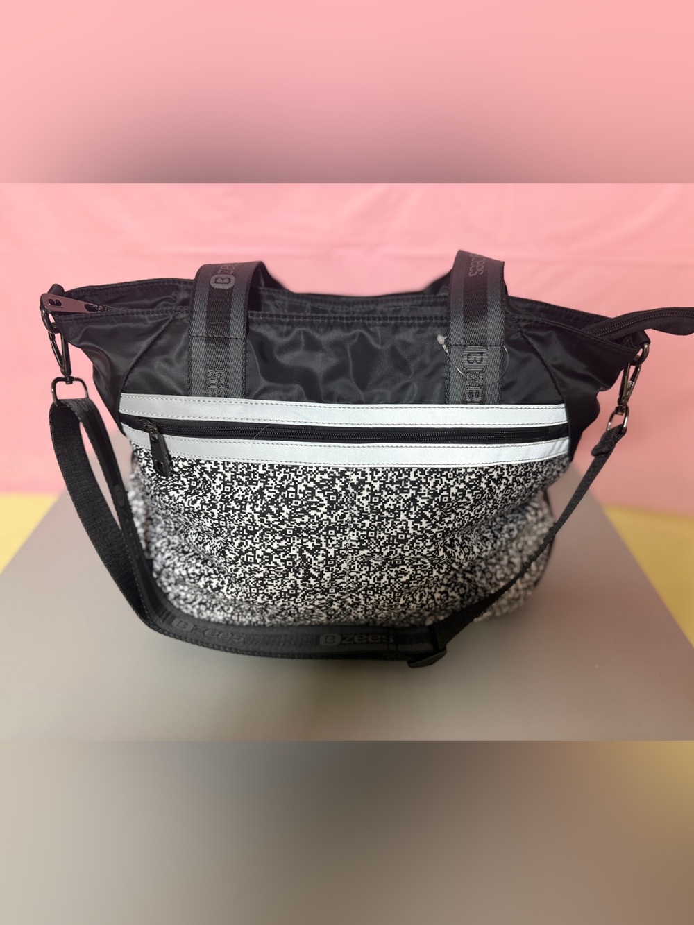 Bzees Black & White Patterned Crossbody Tote with Adjustable Strap